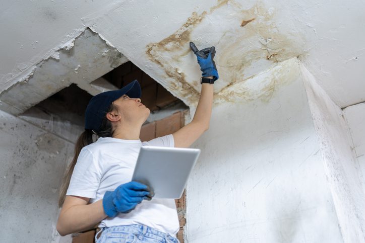 Woman inspecting and documenting ceiling damage in a house.